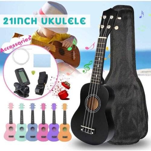 Ukulele Combo 21 Ukulele Black Soprano 4 Strings Uke Hawaii Bass Stringed Musical Instrument Set Kits+Tuner+String+Strap+Bag