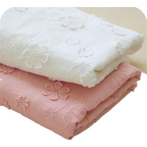 High Quality White/Pink Embroidered Cotton Lace Fabric Floral Embroidery Lace Cloth for Patchwork Sew Dress Skirt Dolls Cloth