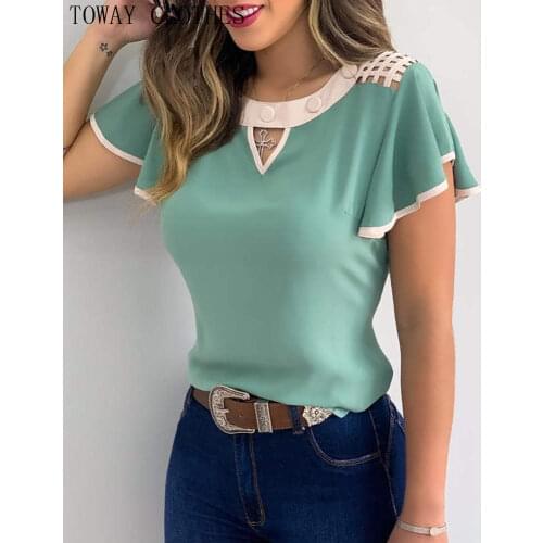 S-3XL Women Summer Cutout Ruffles Sleeve Contrast Binding T-shirt Oversized Lady Short Sleeve Colorblock Round Neck