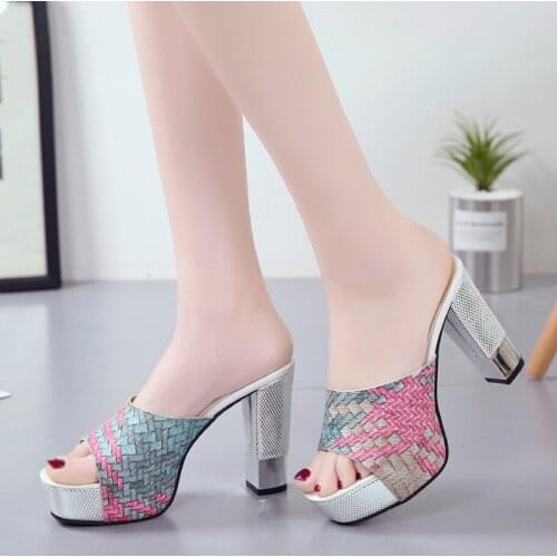 Dropshipping 2019 New Women Summer Slippers Fashion Sexy Super Square High Heels Peep Toe Party Shoes Woman Platform Sandals