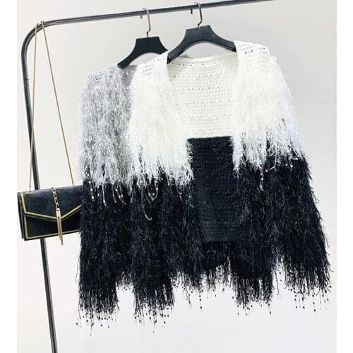 Autumn Winter Women Tassels Color Blocking Mohair Knitted Jumpers Woman Fringed Knitting Sweaters Cardigan Tops Sueter Mujer