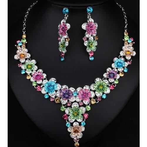 Zlxgirl jewelry Colorful Enamel Flower shape womens wedding necklace earrings jewelry sets fashion womens couple pendant ear