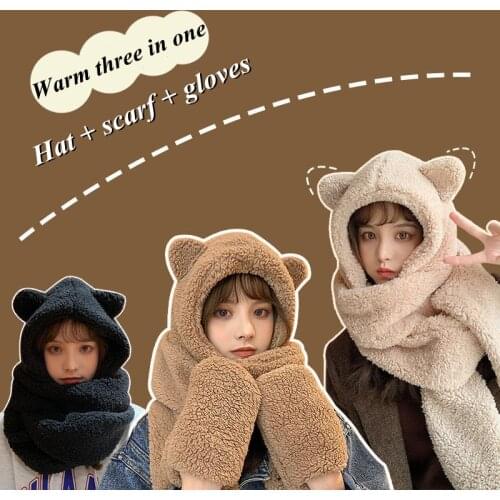 Women Knitted Fashion Cartoon Bear Style Cute Hat Ear Fleece Hat Hooded Scarf Neck Gloves Winter Three In One Girls Hat Hot Sale