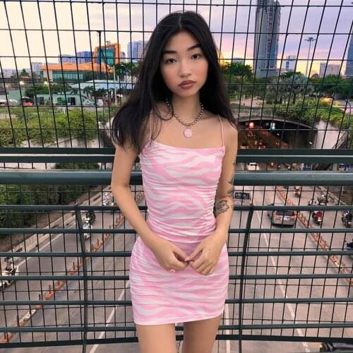 Ladies’s Summer Sexy Backless Skinny Dress Fashion Zebra Pattern Suspender Short Dress for Women 2021