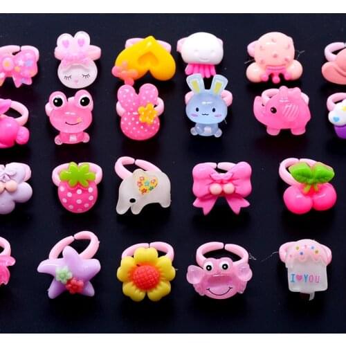 10Pcs Mixed Cute Cartoon Kids Rings Fruit Flower Animal Adjustable Sweet Children Girls Rings Party Jewelry toy Gifts