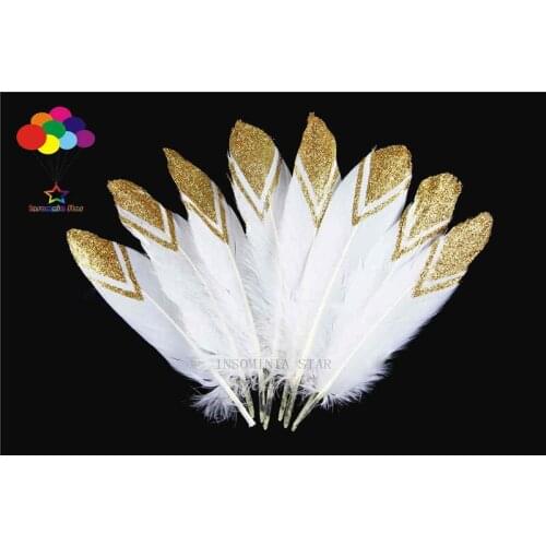 100pcs 100% natural Dyed goose feather 15-25cm/6-10inch Beautiful Gold Glitter for Diy carnival costume mask headdress