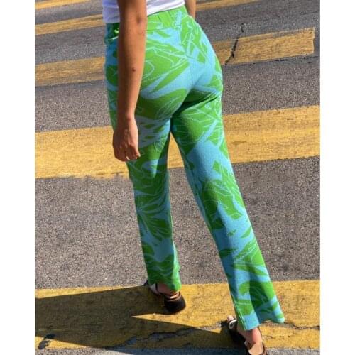 Print Knitted Straight Pant Fashion Casual Elastic Waist Vintage Pants 2021 Autumn High Waist Streetwear Y2k Wide Leg Women Pant