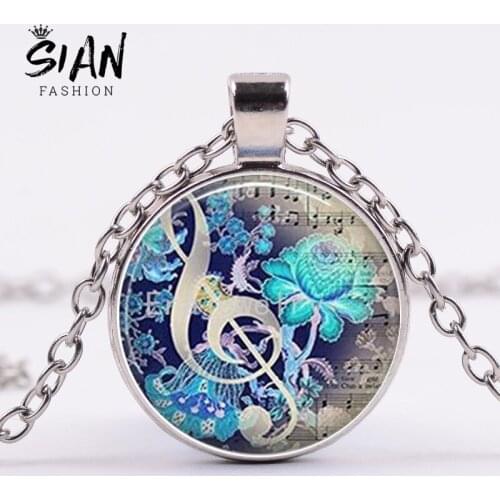 SIAN Retro Note Music Notation Old Painting Necklace Handmade Art Photo Glass Cabochon 3D Effect Pendant Necklace Women Jewelry