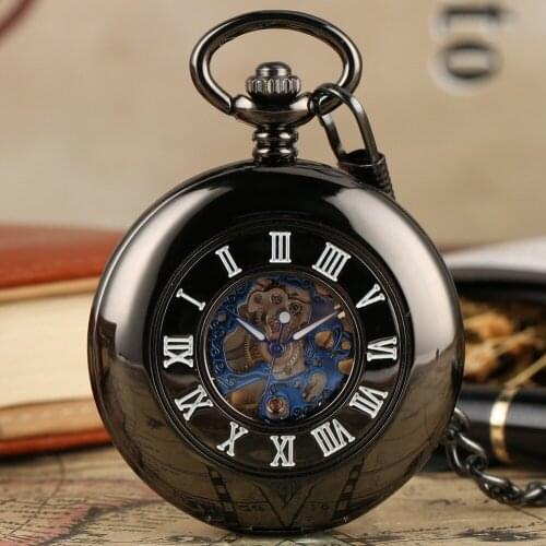Smooth Mirror Black Manual Mechanical Pocket Watch Blue Roman Numerals Retro Mens Pocket Timepiece Hand Winding Pendant Clock