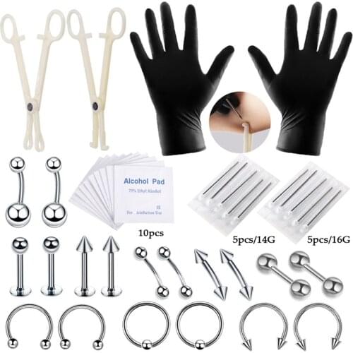 Body Nose Tongue Belly Button Jewelry Piercing Rings Clamp Gloves Needles Tool Kit Ear Plug Prong Earrings Internally Threaded