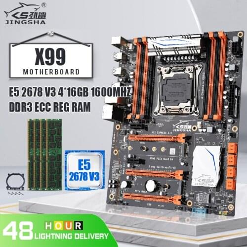 JINGSHA X99 Motherboard with XEON E5 2678 V3 and DDR3 4*16GB=64GB 1600MHz ECC REG RAM 8* SATA3.0 Up to 256GB NVME M.2*M.2 WIFI