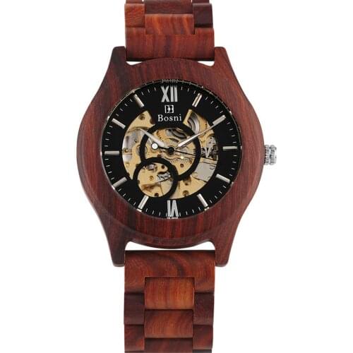 Mens Wooden Wristwatch Hollow-out dial Red Sandalwood Wooden Watch Automatic Mechanical Wooden Watches for Ladies