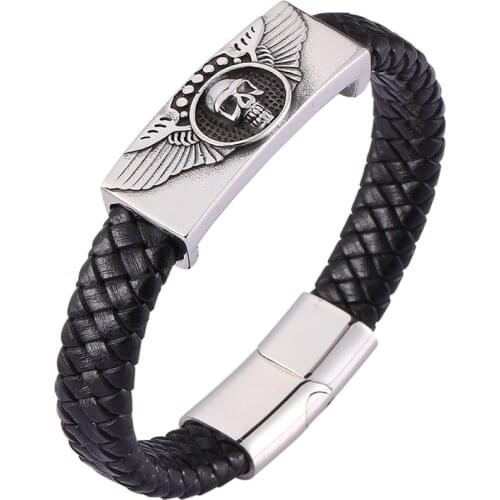 New Punk Men Jewelry Black Braided Genuine Leather Bracelet Skull Stainless Steel Magnetic Buckle Leather Woven Wristband SP0483