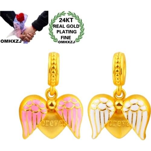 OMHXZJ Wholesale CA334 European Fashion Woman Man Party Birthday Wedding Gift Heart Wing DIY Accessories 24KT Gold Pendant Charm