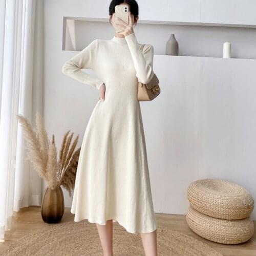 2021 autumn winter Elegant Turtleneck Thick Warm Loose Women Knitted Dress Solid Vestidos knit Dress