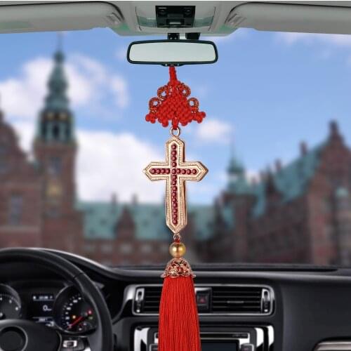 Car Pendant Decoration Diamond Cross Alloy Charms Automobile Christian Cross Rearview Mirror Lucky Hanging Ornaments Accessories