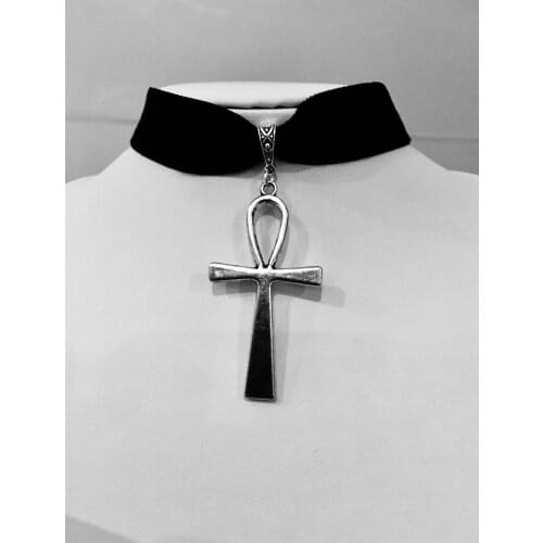 Silver plated Ankh pendant on a black velvet choker ribbon