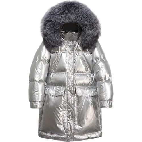 Fashion Womens Real Fur Hooded Thick Fluffy Down Coat Female Winter Bread Style Warm Glossy Down Parkas Wooterproof Coats F2580