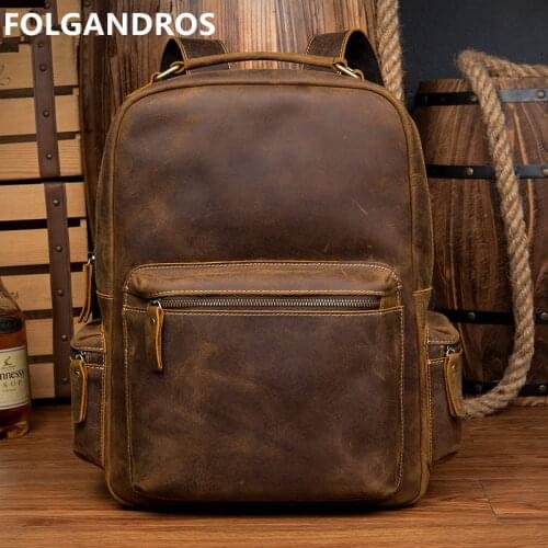 Mens Backpacks Vintage Genuine Leather Backpack Brand Designer Top Handmade Crazy Horse Leather Business Laptop School Bagpack