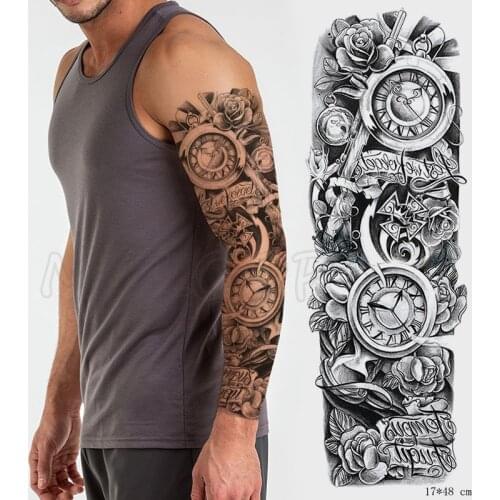 Full Arm Waterproof Temporary Tattoo Sticker Roma Clock Pocket Watch Rose Flower Letter Fake Tatoo Flash Tatto To Man Woman
