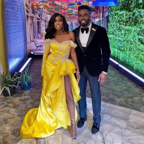 Yellow Slit Evening Dresess One Shoulder Off Shoulder Ruffles Appliques Beads Sequins Plus Size Prom Dress Aso Ebi Party Gowns