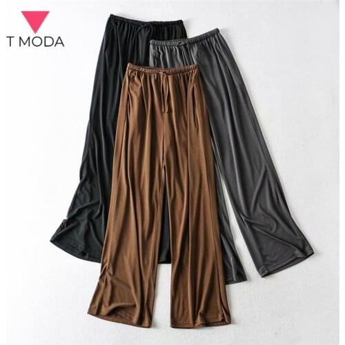T MODA 2021 Spring Summer Women Wide Leg Pants Cupro Silk Solid Elastic Waisted Long Pants Office Lady Female Jogger Trousers