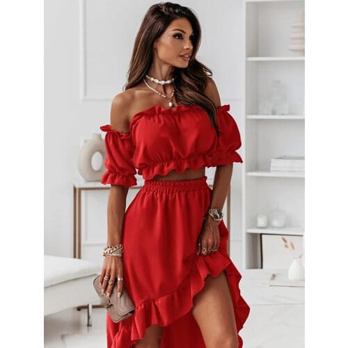 Summer Elegant Ruffled Backless Dress Sets Women Fashion Puff Sleeve Strapless Elastic Two Pieces Ladies Maxi Dresses Robe Femme