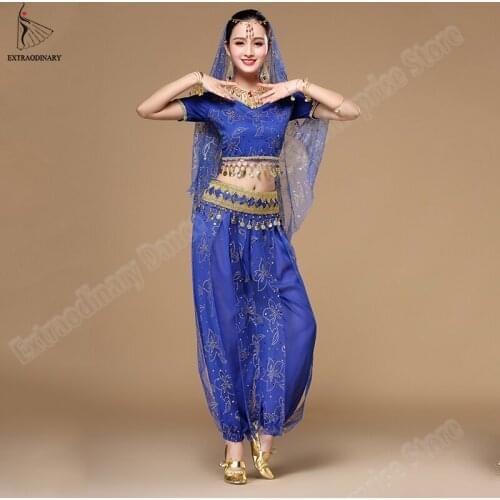 Women Bollywood Dance Costumes Set Indian Belly Dance Sari Dancewear Coin Chiffon Top Belt Pants Veil Headwear Suit