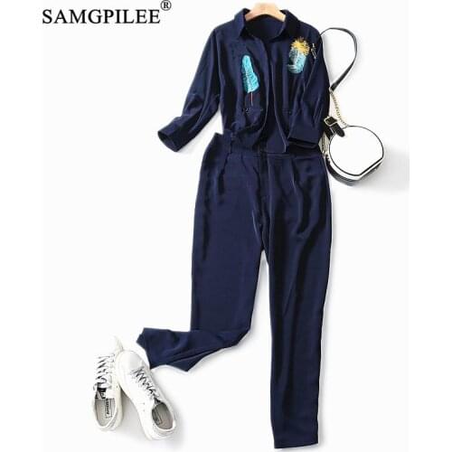 Plus Size 2 Piece Set Women Three Quarter Casual Turn-down Collar Button Fly 2 Piece Outfits Embroidery Summer Two Piece Set 4XL