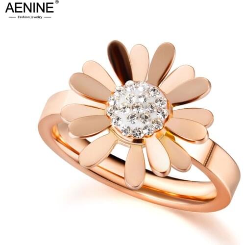 AENINE Titanium Stainless Steel Cute Small Daisy Flower Ring Jewelry Rose Gold Pave Setting Crystal Party Ring For Women AR19169