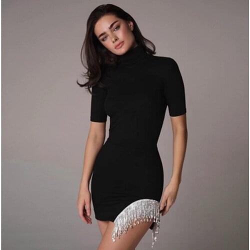 Women Summer Sexy Short SleeveTurtleneck Diamonds Crystal Mini Bodycon Bandage Dress 2021 Elegant Evening Party Club Dress