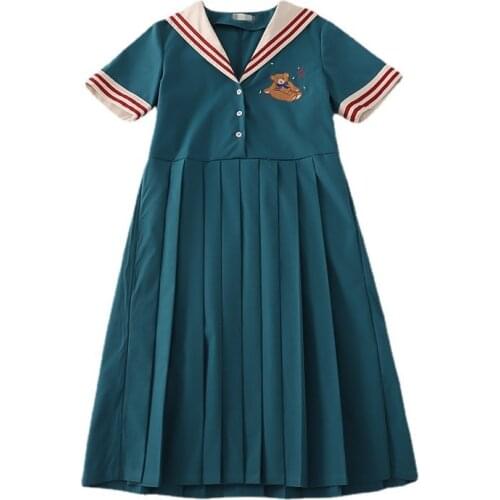 Bebobsons Vintage Blue Sailor Collar Bear Embroidery Short Sleeve Women Chiffon Dress Summer New Dresses High Quality