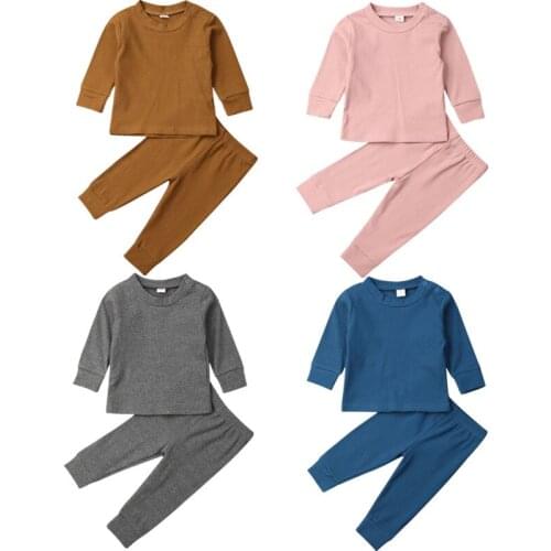 2Pcs Newborn Infant Baby Kid Boy Girl Clothes Set Babies Solid Jumpsuit T-Shirt Top Pants Sets