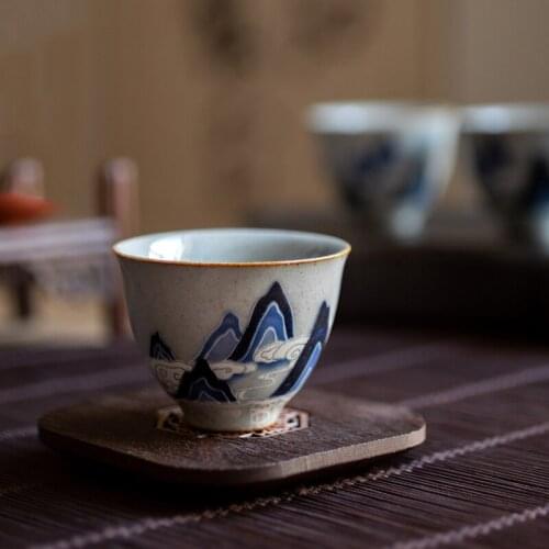 4/Pcs Retro blue and white tea cup large master cup of Kung Fu tea set single cup home office tea house small ceramic drinkware