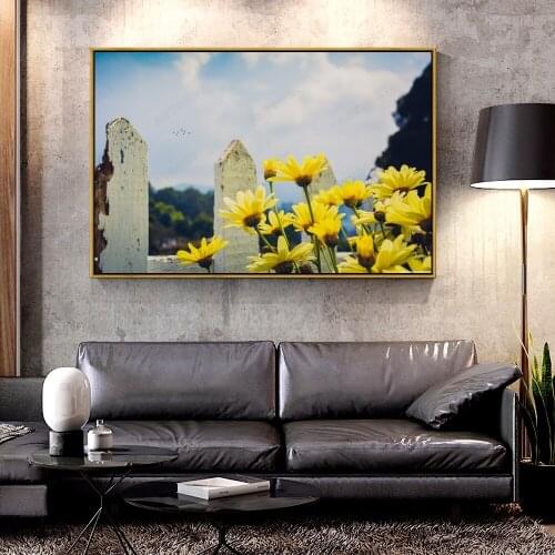Artcozy Oil Canvas Painting yellow_daisies_flowers_fence For Home Decoration Wall Art