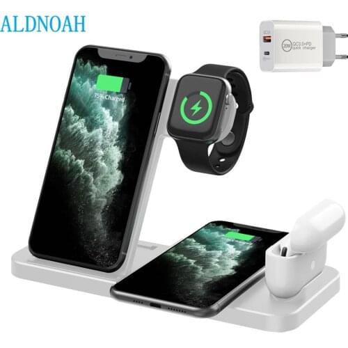 Wireless Charger Stand 4 in 1 Qi 15W Fast Charging Dock Station for Apple Watch iWatch 6 5 4 AirPods Pro iPhone 12 11 XS XR X 8