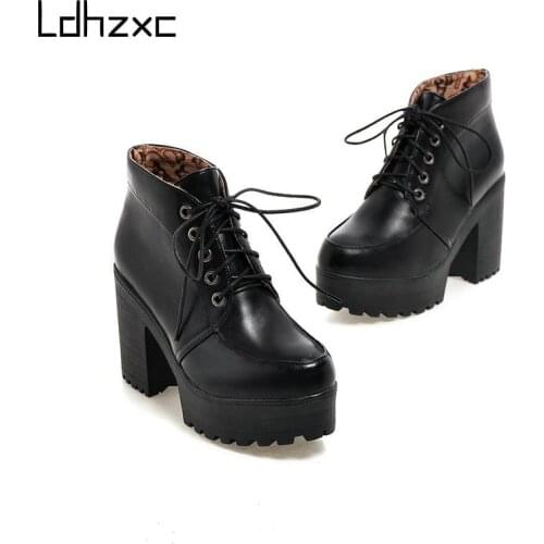 LDHZXC Boots Women Motorcycle Shoes Platforms Ankle Boots Female Lace Up Platforms Leather Oxford Shoes Woman High Heels
