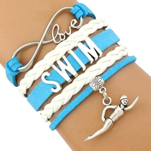 Swim Swimming Mom Bracelets Lacrosse Infinity Love Charm Bracelets Blue Pink Red Wax Cord Women Men Boy Girl Unisex Jewelry Gift