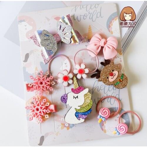 European and American Popular Myth Unicorn Hair Styling Clip Set Gift Box Bow Snowflake Christmas Hair Decorations Combination