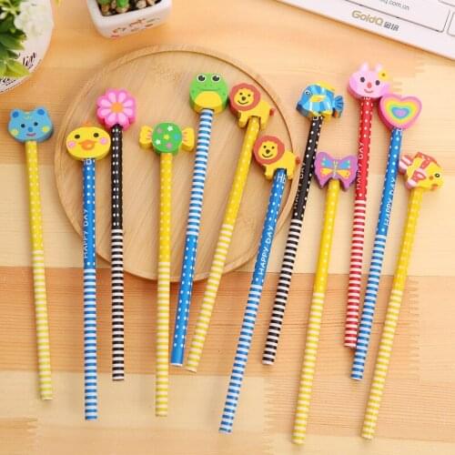 5 pcs/Lot Wooden Fashion Cartoon Animals Kawaii Students Pencil With Eraser Drawing ToolsPersonality Kids Pencil Art Supplies