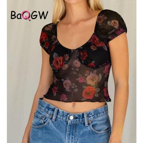 BaQGW Floral Print Lace Crop Top Sexy Mesh Sheer Transparent Short Puff Sleeve T-shirt Streetwear Women Party Clothing Beachwear
