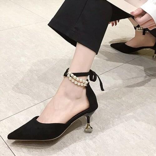 2020 Summer Shoes Women Sandals Cross-tied String Bead Ankle Strap Sandal Pointed Toe Pumps Pearl Dress Shoe zapatos mujer 8227N