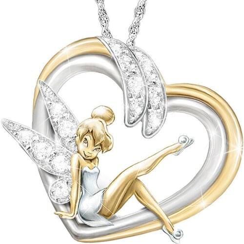 Luoluoyi Pink Flower Fairy Necklace For Women Girl Cute Angel Wings Love Heart Believe Crystal Elf Pendant Necklace Jewelry