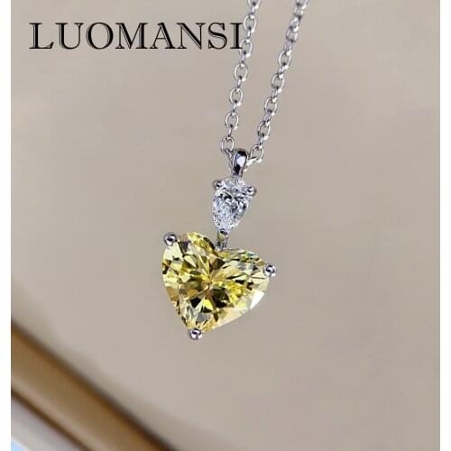 Luomansi 2 Carats Heart Yellow Diamond Pendant Necklace Girl 18K Gold Real S925 Silver Jewelry Party Birthday Gift