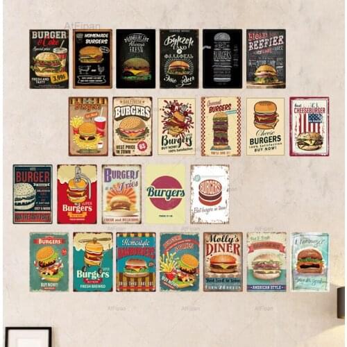 Hamburger Metal Sign Plaque Metal Vintage Fast Food Tin Sign Wall Decor for Kitchen Cafe Diner Bar Burger Metal Signs