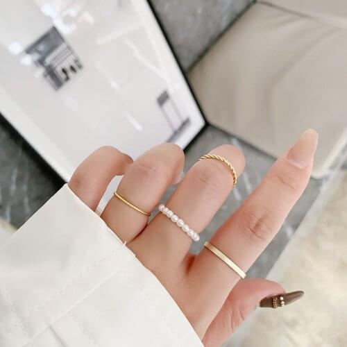 Minar 4 Pieces/Set French Twist Rope Imitation Pearl Charm Rings Set for Women Gold Color Alloy Metallic Adjustable Rings Gifts