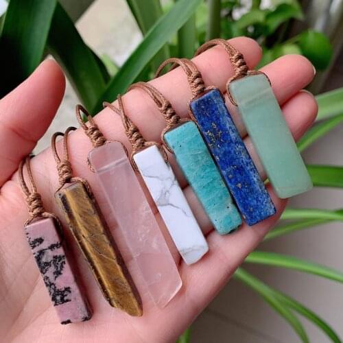 Natural Stone Pendant Raw Mineral Irregular Rectangle Quartz Pendulum Amazonite Tiger Eye Lapsi Pink Crystal Necklaces Healing