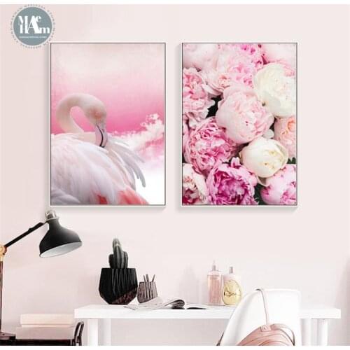 Maeham Nordic Pink Rose Flamingo wall art Canvas posters Painting Prints wall Pictures for Living Room Morden Home Decor
