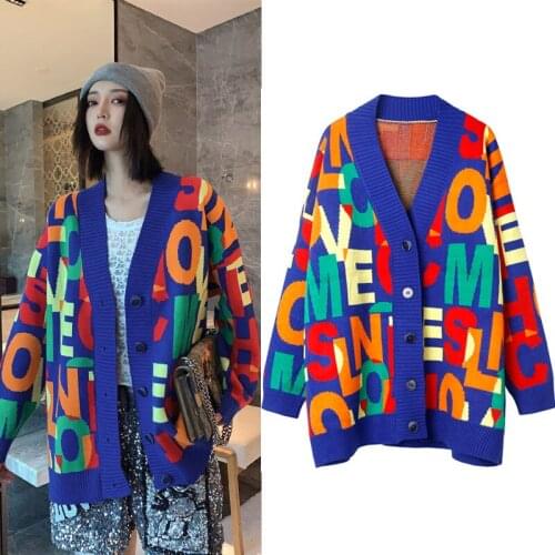 Casual Oversized Letter Print Cardigan 2020 Womens Fashion Knitted Long Sleeve Single Breasted Loose Sweater Warm Coat Outwear