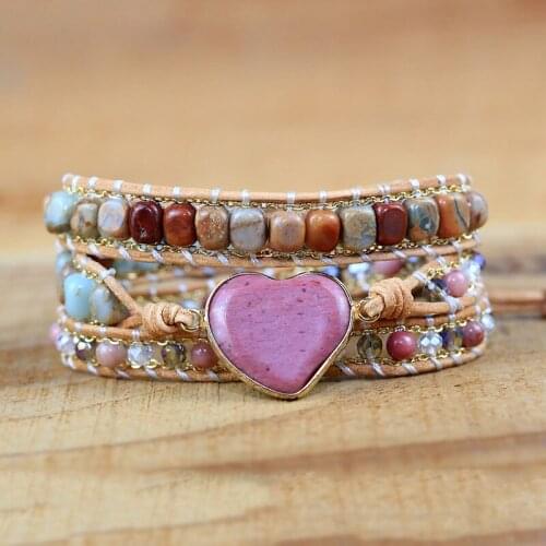 Luxury Heart Shape Wrap Bracelets red Jaspers Crystal 3 Strands Leather Chain Bracelet Fashion friendship Jewelry Dropshipping